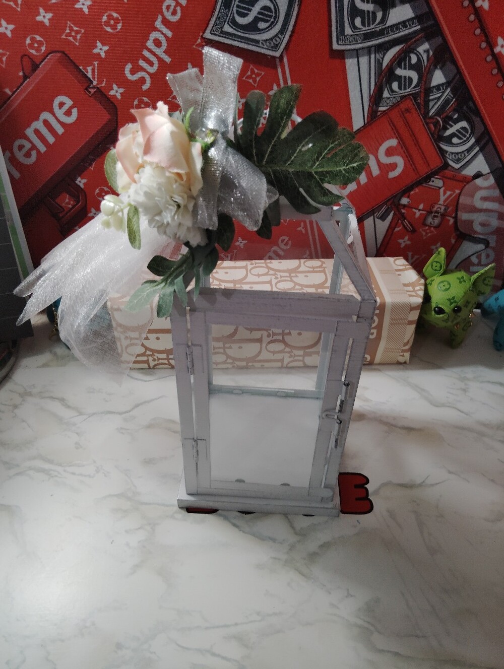 White Decorative Lantern with Pink Rose Accent - Home Accents